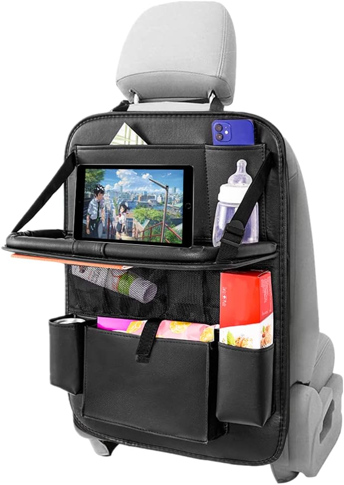 MONKONAR 2PACK Leather Car Backseat Organizer with Tablet Holder - 9 Large Storage Pockets, Foldable Food Tray & Anti-Scratch Kick Mats - Universal Car Seat Protector for Kids, Pets & Travel Accessories - Image 4